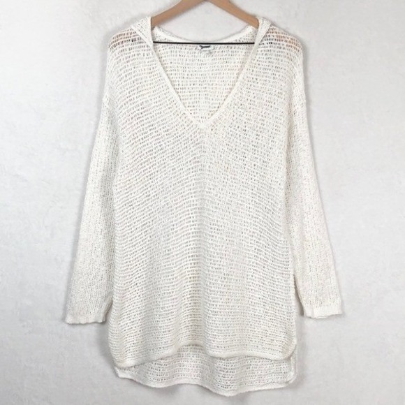 Pure Jill Sweaters - PURE JILL 100% Cotton Open Knit Hooded Tunic Sweater Sz L White Coastal Beachy